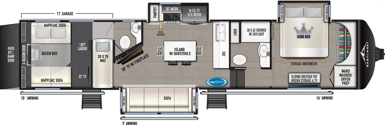 The 350TH has three slideouts, two entries, and a rear ramp door. Interior layout front to back: front wardrobe with washer/dryer prep, off-door side king bed slideout with bedside shelves on each side and storage underneath, and door side dresser with TV prep; off-door side full bathroom with linen closet, overhead cabinet above the sink, and shower with skylight; steps down to main living area and entry; kitchen counter with sink and overhead cabinet along inner wall; off-door side slideout with 12V refrigerator, microwave, cooktop, spice drawer, and pantry; kitchen island with seating; door side sofa slideout with end tables on each side; angled TV with fireplace along inner wall; rear garage with second entry, half bath with overhead cabinet above the sink, loft with mat above with ladder access, and rear opposing happijack sofas with queen bed above, in-floor storage, and a 3-season door that leads to patio kit on rear ramp door.